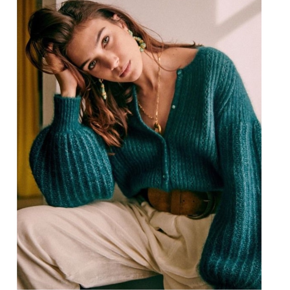 SEZANE Emerald Teal Green Mohair Wool Balloon Sleeve Alyssa Cardigan Sweater - Picture 6 of 13